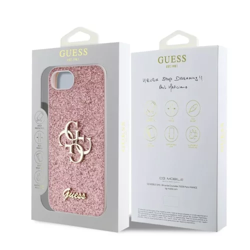 Guess PU Fixed Glitter 4G Metal Logo tok iPhone 16e készülékhez rózsaszín