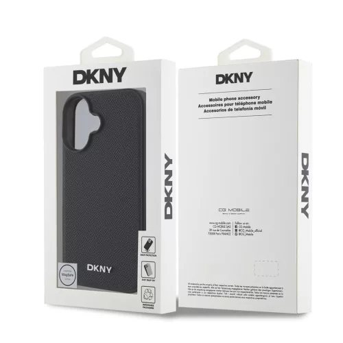 DKNY PU Leather Silver Metal Logo MagSafe tok iPhone 16 Plus készülékhez fekete