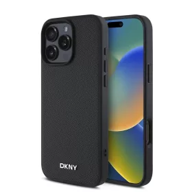   DKNY PU bőr Silver Metal Logo Magsafe tok iPhone 16 Pro Max készülékhez fekete