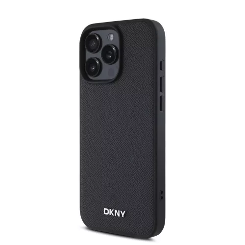 DKNY PU bőr Silver Metal Logo Magsafe tok iPhone 16 Pro Max készülékhez fekete