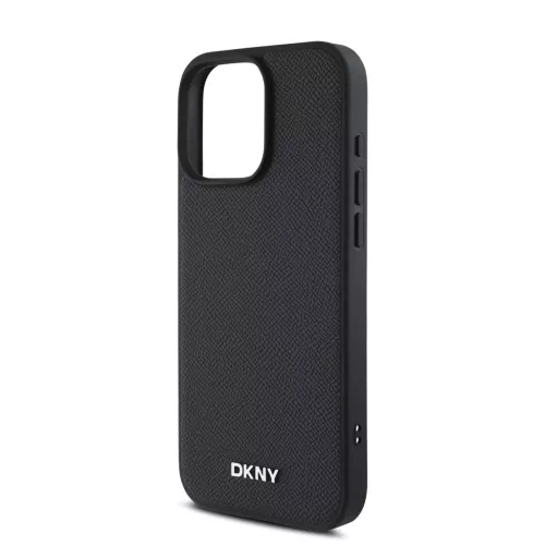 DKNY PU bőr Silver Metal Logo Magsafe tok iPhone 16 Pro Max készülékhez fekete