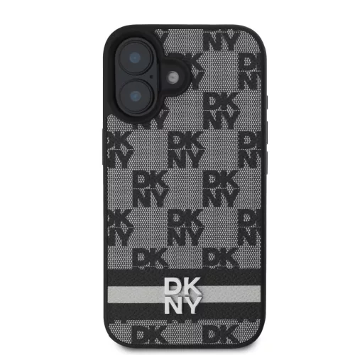 DKNY PU Leather Checkered Pattern and Stripe tok iPhone 16 készülékhez fekete