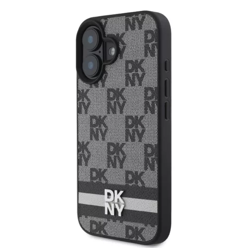 DKNY PU Leather Checkered Pattern and Stripe tok iPhone 16 készülékhez fekete