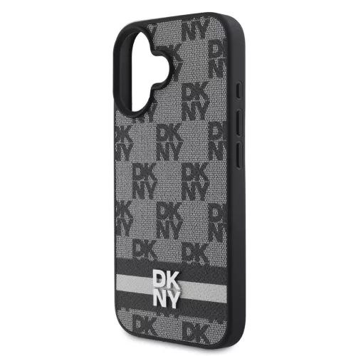 DKNY PU Leather Checkered Pattern and Stripe tok iPhone 16 készülékhez fekete