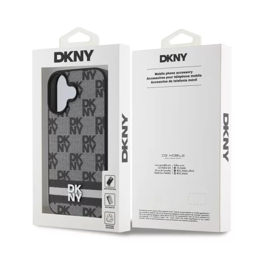 DKNY PU Leather Checkered Pattern and Stripe tok iPhone 16 készülékhez fekete