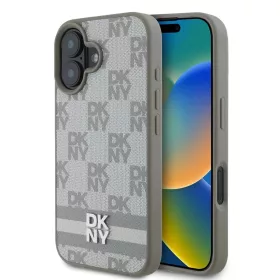   DKNY PU Leather Checkered Pattern and Stripe tok iPhone 16 készülékhez bézs