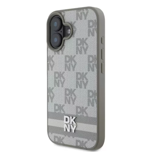 DKNY PU Leather Checkered Pattern and Stripe tok iPhone 16 készülékhez bézs