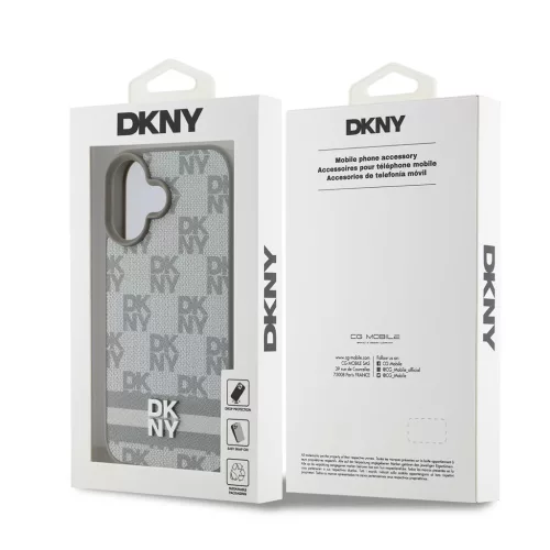 DKNY PU Leather Checkered Pattern and Stripe tok iPhone 16 készülékhez bézs