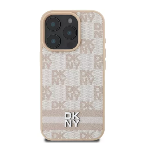 DKNY PU Leather Checkered Pattern and Stripe tok iPhone 16 Pro készülékhez rózsaszín