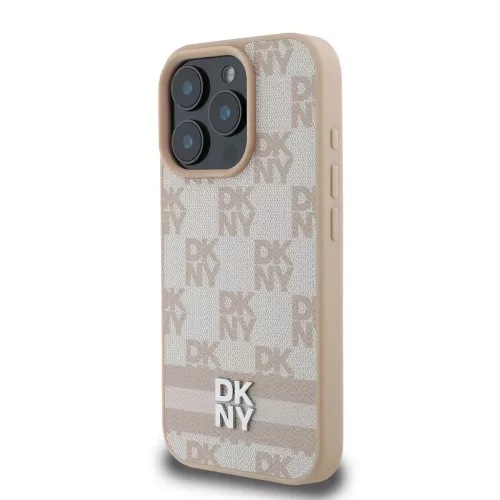 DKNY PU Leather Checkered Pattern and Stripe tok iPhone 16 Pro készülékhez rózsaszín