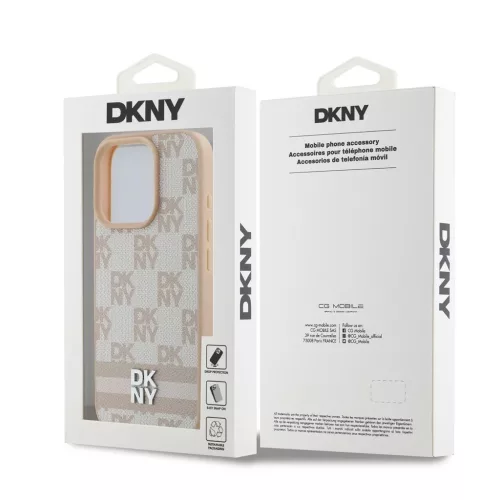 DKNY PU Leather Checkered Pattern and Stripe tok iPhone 16 Pro készülékhez rózsaszín