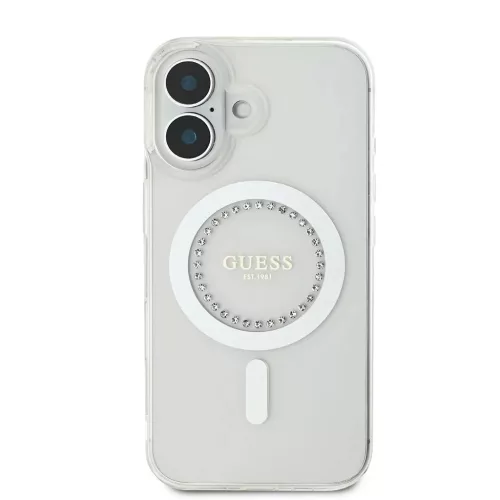 Guess IML Rhinestones Ring MagSafe tok iPhone 16 készülékhez fehér