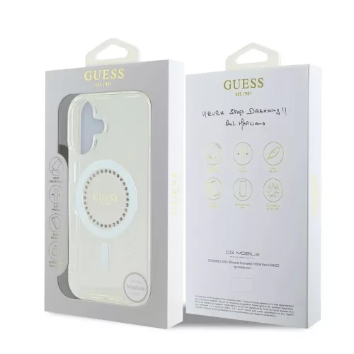 Guess IML Rhinestones Ring MagSafe tok iPhone 16 készülékhez fehér