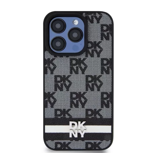 DKNY PU Leather Checkered Pattern and Stripe tok iPhone 14 Pro Max készülékhez fekete