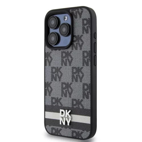 DKNY PU Leather Checkered Pattern and Stripe tok iPhone 14 Pro Max készülékhez fekete