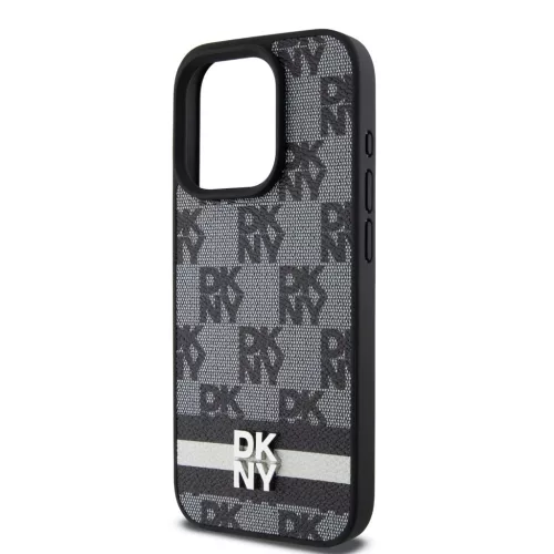 DKNY PU Leather Checkered Pattern and Stripe tok iPhone 14 Pro Max készülékhez fekete
