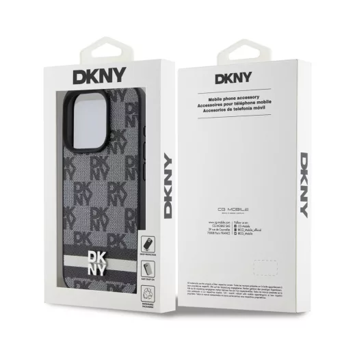 DKNY PU Leather Checkered Pattern and Stripe tok iPhone 14 Pro Max készülékhez fekete
