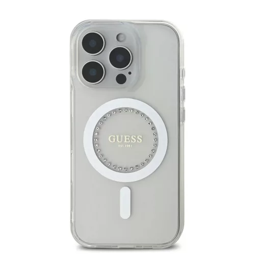 Guess IML Rhinestones Ring MagSafe tok iPhone 16 Pro Max készülékhez fehér