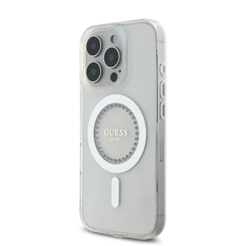 Guess IML Rhinestones Ring MagSafe tok iPhone 16 Pro Max készülékhez fehér