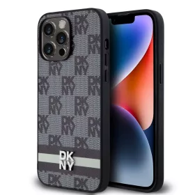   DKNY PU Leather Checkered Pattern and Stripe tok iPhone 15 Pro Max készülékhez fekete