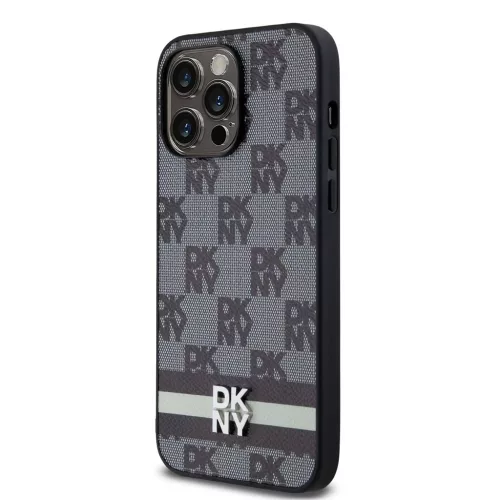 DKNY PU Leather Checkered Pattern and Stripe tok iPhone 15 Pro Max készülékhez fekete