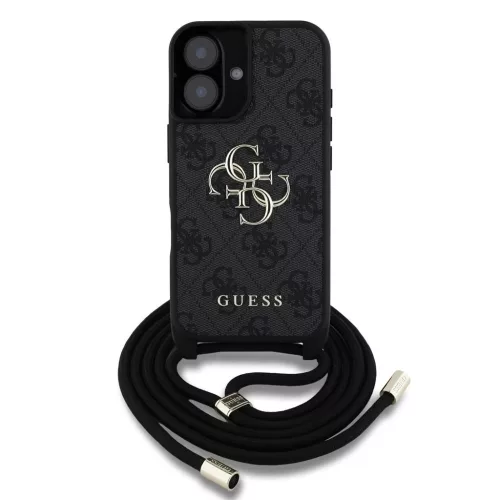 Guess PU 4G fém logó vállpántos tok iPhone 16 készülékhez fekete