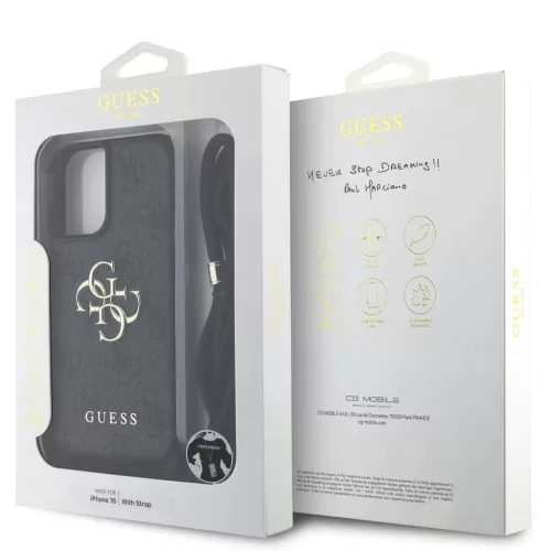 Guess PU 4G fém logó vállpántos tok iPhone 16 készülékhez fekete