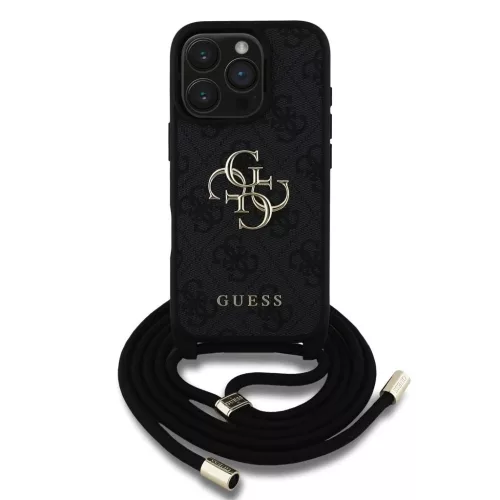 Guess PU 4G Metal Logo Crossbody Strap tok iPhone 16 Pro készülékhez fekete
