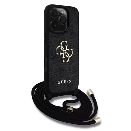 Guess PU 4G Metal Logo Crossbody Strap tok iPhone 16 Pro készülékhez fekete