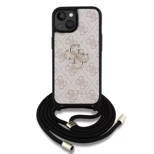Guess PU 4G Metal Logo vállpántos tok az iPhone 15 készülékhez rózsaszín