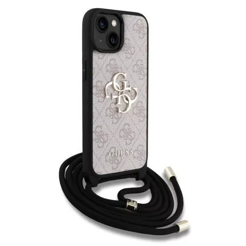 Guess PU 4G Metal Logo vállpántos tok az iPhone 15 készülékhez rózsaszín