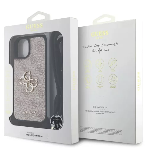 Guess PU 4G Metal Logo vállpántos tok az iPhone 15 készülékhez rózsaszín