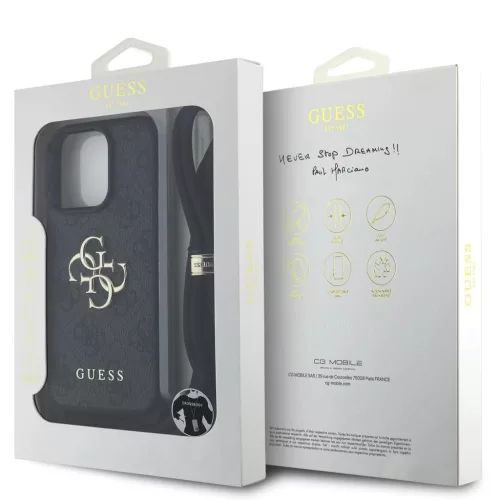 Guess PU 4G Metal Logo Crossbody Strap tok iPhone 16 Pro Max készülékhez fekete