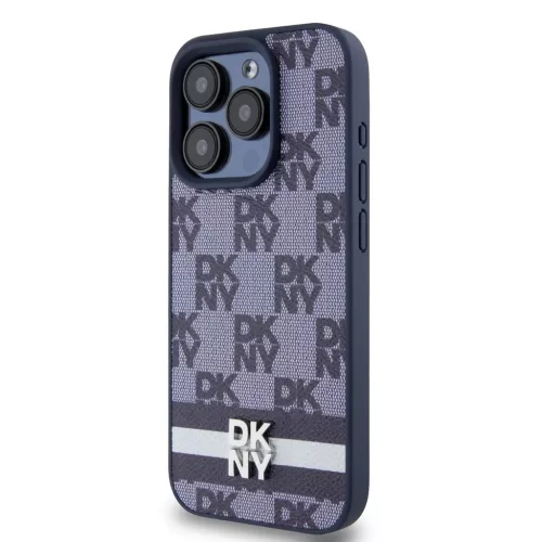DKNY PU bőr sakktábla mintás és csíkos tok iPhone 15 Pro Max készülékhez kék