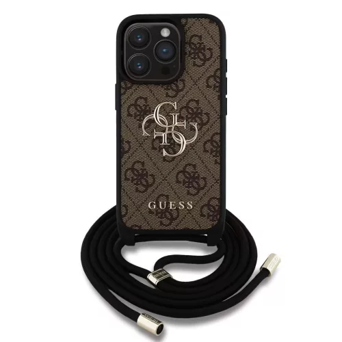 Guess PU 4G Metal Logo Crossbody Strap tok iPhone 15 Pro Max készülékhez barna
