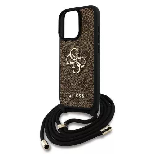 Guess PU 4G Metal Logo Crossbody Strap tok iPhone 15 Pro Max készülékhez barna