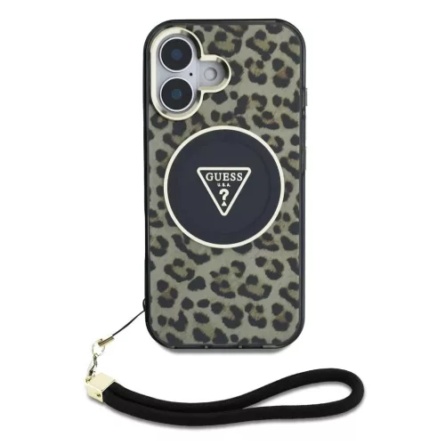 Guess IML Leopard Triangle Logo Strap MagSafe tok iPhone 16 készülékhez barna