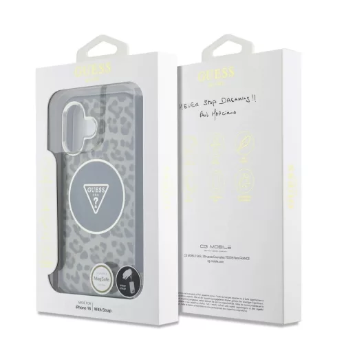 Guess IML Leopard Triangle Logo Strap MagSafe tok iPhone 16 készülékhez barna