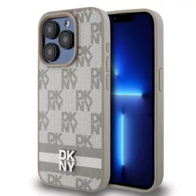   DKNY PU Leather Checkered Pattern and Stripe tok iPhone 14 Pro Max készülékhez bézs