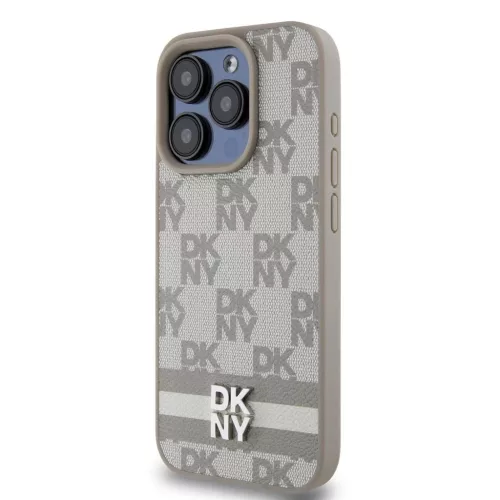 DKNY PU Leather Checkered Pattern and Stripe tok iPhone 14 Pro Max készülékhez bézs