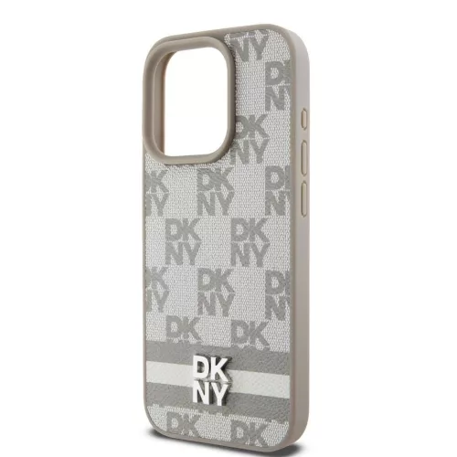 DKNY PU Leather Checkered Pattern and Stripe tok iPhone 14 Pro Max készülékhez bézs