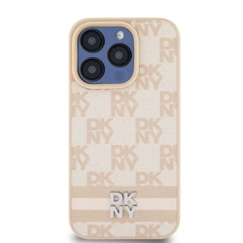 DKNY PU Leather Checkered Pattern and Stripe tok iPhone 13 Pro Max készülékhez rózsaszín
