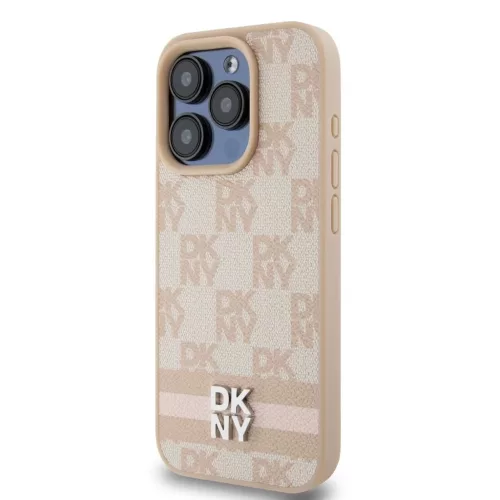 DKNY PU Leather Checkered Pattern and Stripe tok iPhone 13 Pro Max készülékhez rózsaszín