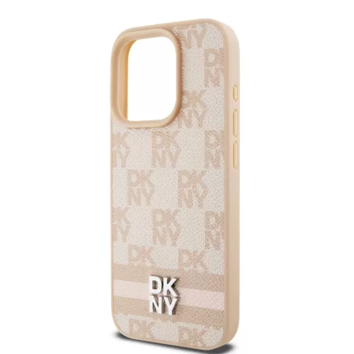 DKNY PU Leather Checkered Pattern and Stripe tok iPhone 13 Pro Max készülékhez rózsaszín