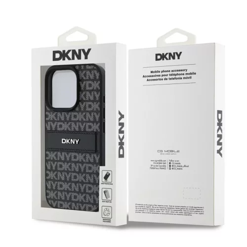 DKNY PU Leather Repeat Pattern Tonal Stripe tok iPhone 16 Pro készülékhez fekete