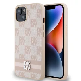   DKNY PU Leather Checkered Pattern and Stripe Tok iPhone 15 készülékhez rózsaszín