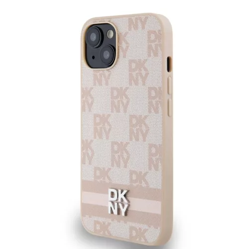 DKNY PU Leather Checkered Pattern and Stripe Tok iPhone 15 készülékhez rózsaszín