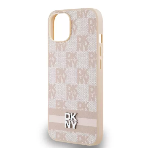 DKNY PU Leather Checkered Pattern and Stripe Tok iPhone 15 készülékhez rózsaszín