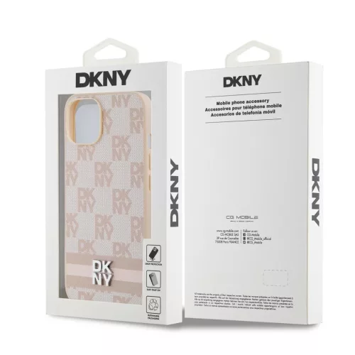 DKNY PU Leather Checkered Pattern and Stripe Tok iPhone 15 készülékhez rózsaszín