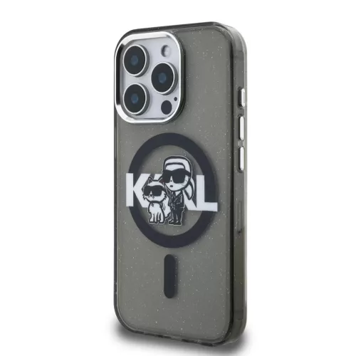 Karl Lagerfeld IML Glitter Karl and Choupette Sketch MagSafe tok iPhone 15 Pro készülékhez fekete